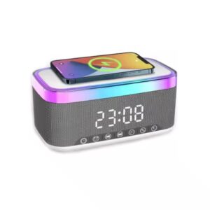 Speaker + Digital Alarm Clock + Wireless Charger + Bedrooms Lamp Dimmable
