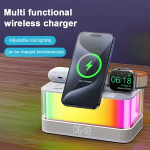 Multi Functional fast Wireless Charger for Iphone/ iwatch/ earbuds + BT Speaker + Lamp